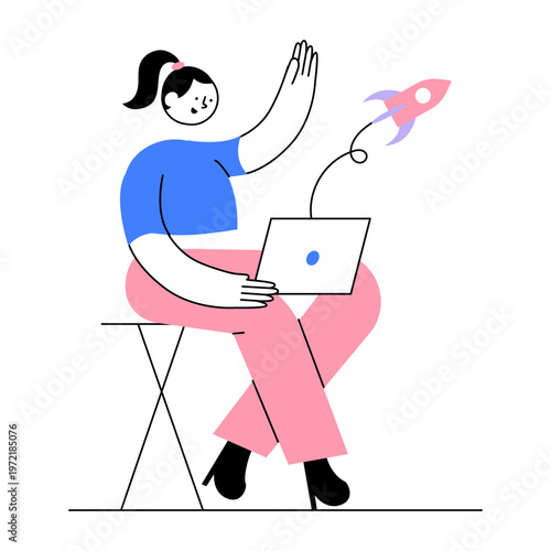 A flat style illustration showing a startup launch