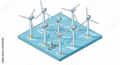 Isometric Illustration of an Offshore Wind Farm in the Ocean with Renewable Energy Turbines and a Maintenance Boat