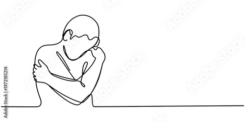 Person hugging themselves continuous one line drawing self love concept