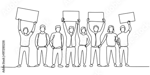 Protesting crowd with banners continuous one line drawing protest concept