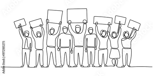 Protesting crowd with banners continuous one line drawing protest concept