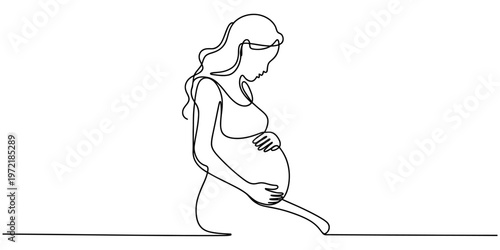 Pregnant woman sitting continuous one line drawing motherhood concept