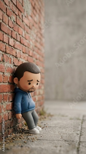 Upset man leaning against red brick wall 3D character illustration showing sad figure looking down in despair feeling lonely and depressed during mental health crisis in urban environment.