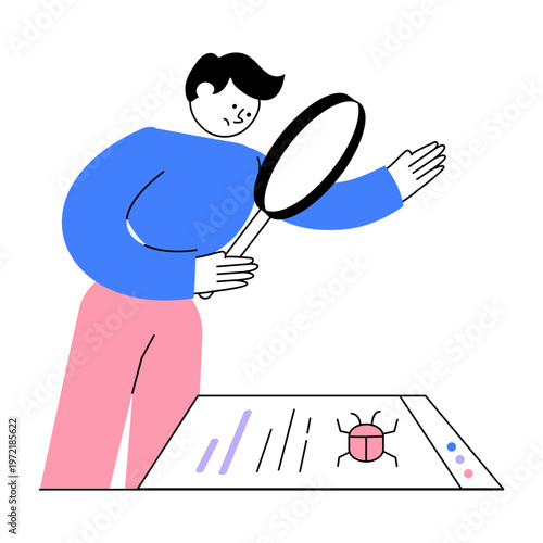 A flat style illustration showing a bug finding