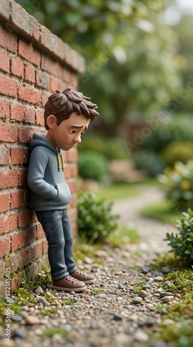 Upset man leaning against red brick wall 3D character illustration showing sad figure in hoodie looking down in despair feeling lonely and depressed within garden environment for mental health.