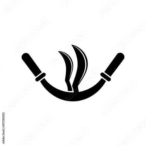 A stark black graphic depicts two curved kukri knives presented as a striking silhouette