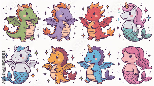 Collection of cute fantasy creatures including dragons and mermaids with unicorn horns in a whimsical flat illustration style perfect for childrens books and fantasy-themed designs
