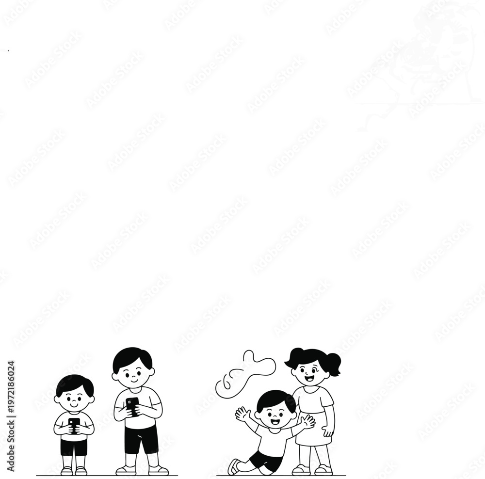 Fototapeta premium Two boys look at phones while another child plays outdoors with two others, representing the divergence in childhood activities and the prevalence of digital devices.
