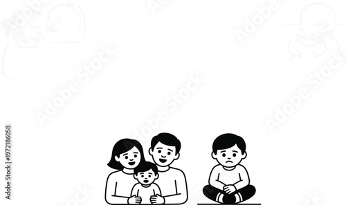 Family poses together with smiles while one child sits separately with a sad expression, depicting contrasting emotions and family dynamics in a clear illustration.