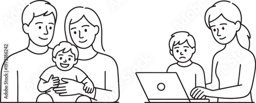 Visual representation of a family unit enjoying time together, contrasting with a scene of a child feeling neglected while a parent is engrossed in a digital device.