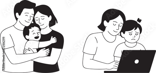 A happy family embraces while a mother comforts a sad child looking at a laptop, depicting contrasting family dynamics and the impact of technology on emotional expression.