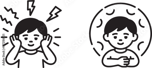 Person covering their ears with lightning bolts and sound waves indicating distress or noise, contrasted with a person calmly enclosed in a circular bubble representing peace and tranquility.