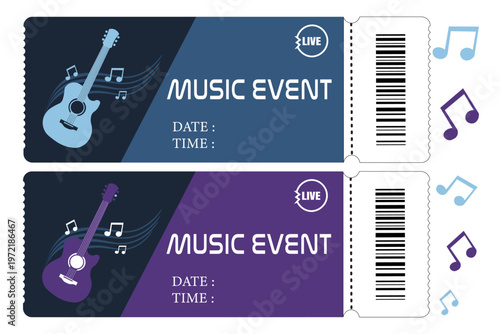 Music event ticket templates with guitar and musical notes. Live concert admission pass set in blue and purple. Vector festival entry coupons.