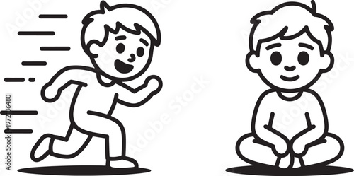 One child is illustrated in motion, running with speed lines indicating fast movement, while another child sits calmly in a cross-legged pose, suggesting a contrast in energy levels.