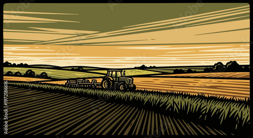 Vintage tractor on rural farmland during sunset in retro style landscape art