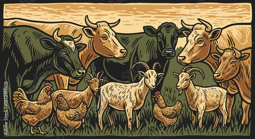 Rural farm animals in vintage style: cows, goats, and chickens in countryside setting