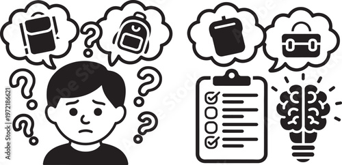 Confused student contemplating school bags and career choices with question marks surrounding their head, contrasted with a clear mind and organized thoughts represented by a clipboard and brain icon.