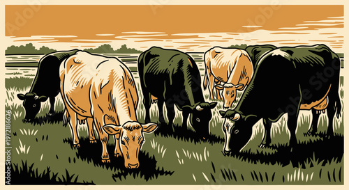 Retro farm scene with cows grazing in pasture during sunset