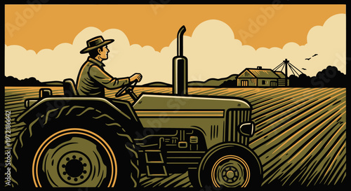 Rural landscape with farmer on tractor in vintage art style