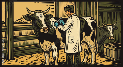 Veterinarian examining cow in rustic farm setting
