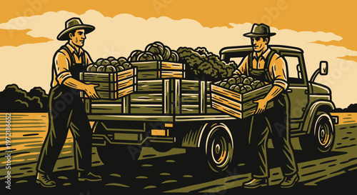 Farmers loading truck with fresh produce on a farm