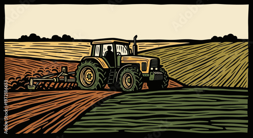 Rustic farming scene: tractor working in fields with vintage woodcut style