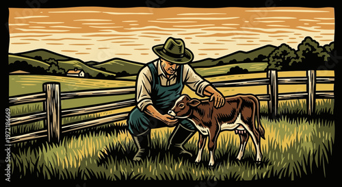 Farmer caring for calf in rustic countryside scene