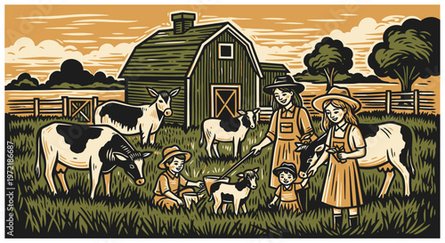 Vintage farm scene with family and farm animals in rustic countryside setting