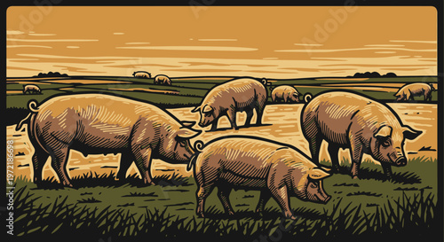 Retro farm scene with grazing pigs in stylized woodcut design