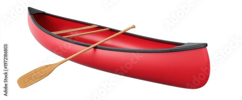 Bright red canoe with paddle on white perfect for fishing and outdoor fun