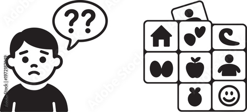 Confused person contemplating various life choices and icons representing different aspects of life, such as home, love, nature, food, and people.