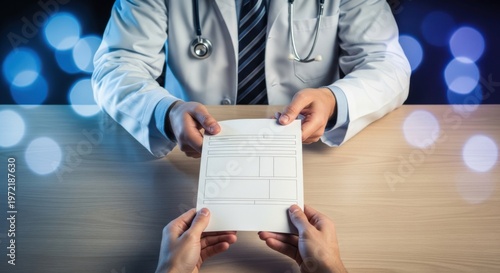 Professional Doctor Handing Medical Form to Patient in Clinic for Healthcare Insurance and Prescription Services