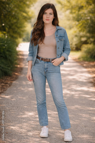 Full Body Portrait of Young Transgender Woman in Casual Outfit Outdoors