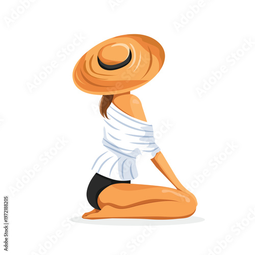 Stylish summer girl in hat sitting pose minimalist fashion illustration