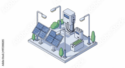 Isometric Solar Energy Station with Panels, Battery Storage, and EV Charging Hub - Sustainable Green Power Infrastructure Illustration
