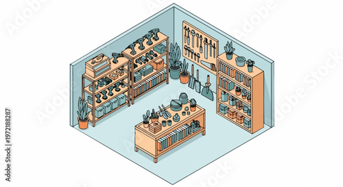 Isometric Illustration of an Organized Home Workshop and Garage with Power Tools, Gardening Equipment, Shelving Units, and Workbench in a Clean Line Art Style