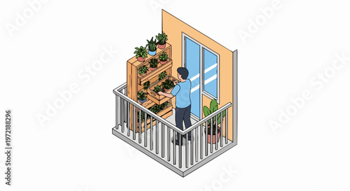 Isometric Illustration of a Man Tending to a Vertical Garden on an Apartment Balcony