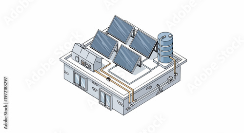 Isometric Line Art of an Eco-Friendly House with Solar Panels and Water Heating System on the Roof. Sustainable Energy and Green Living Concept.