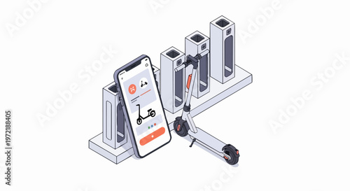Electric Scooter Sharing Service Concept with Smartphone App and Charging Dock Station Isometric Illustration