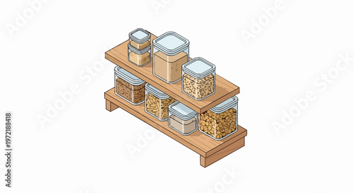 Isometric Kitchen Pantry Organization with Airtight Food Storage Jars on Wooden Shelves for Zero Waste Lifestyle