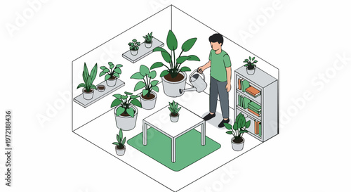 Isometric Vector Illustration of a Man Watering Houseplants in a Minimalist Indoor Garden, Urban Jungle Home Decor and Plant Care Concept