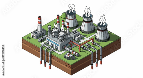 Isometric Nuclear Power Plant and Industrial Factory Building Illustration; Energy Production Facility with Cooling Towers, Smokestacks, and Pipeline Infrastructure