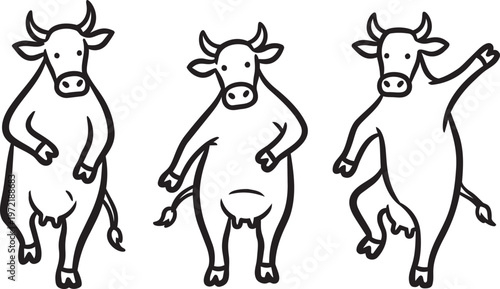 Three cartoon cow silhouettes dancing upright, simple black white playful modern fun stylish design