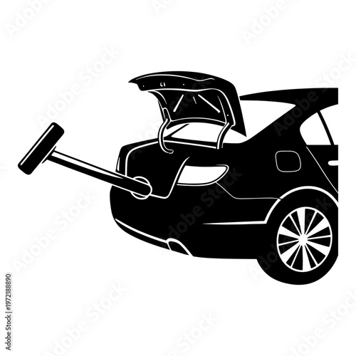 A sleek modern car with an open hood and a wrench depicted in black silhouette