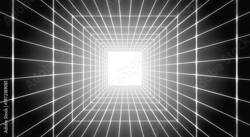 Futuristic glowing grid tunnel leading toward bright center