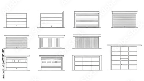 Diverse Collection of Architectural Garage Door Designs and Styles Outline Illustrations Set