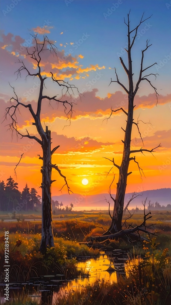Naklejka premium A serene landscape with a sunset over a body of water