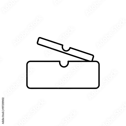 A simple black outline depicts an open box with a partially visible object inside silhouette