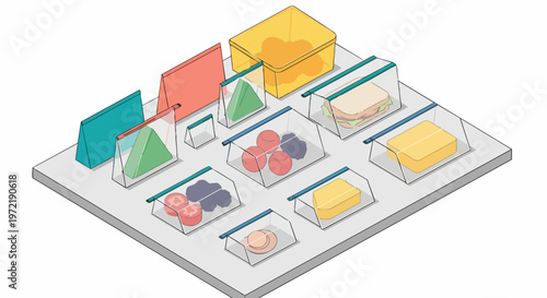 Isometric Illustration of Reusable Food Storage Bags and Containers for Sustainable Meal Prep and Zero Waste Lifestyle