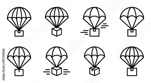 Parachute delivery icons set for airdrop logistics and shipping services outline style vector design